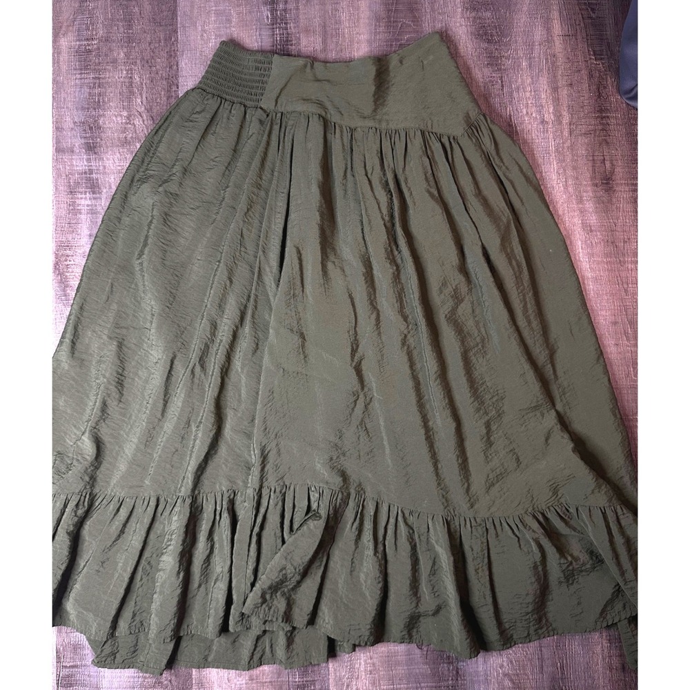 Anthropologie Olive Green Smocked Waist Ruffle Hem Midi Skirt OB1365132 Small